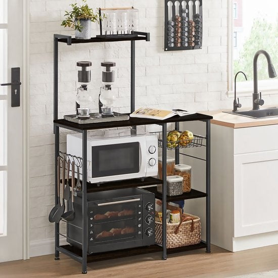 Buffet de cuisine Goliving - Étagère de cuisine verticale - Armoire à micro-ondes - Organisateur - Métal - Bois - 90 x 40 x 132 cm - Noir