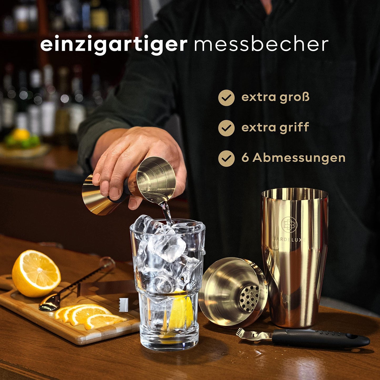 Set à cocktails BarDeluxe® - Set de barman 12 pièces avec shaker en acier inoxydable de 750 ml - doré - livret de recettes et pochette de rangement inclus