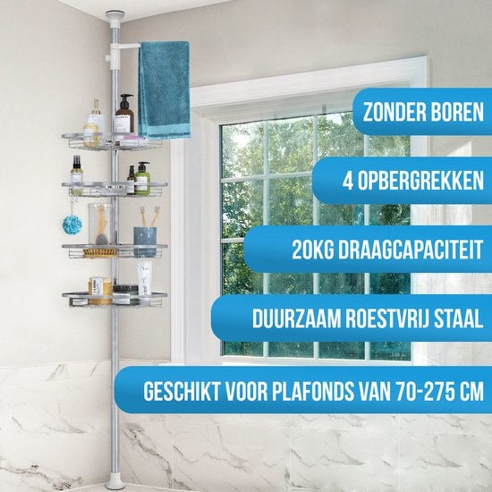 Porte-douche télescopique Strex en acier inoxydable - réglable 70-275 cm - 4 paniers - qualité robuste - fixation sans perçage ni vis - Porte-douche télescopique d'angle