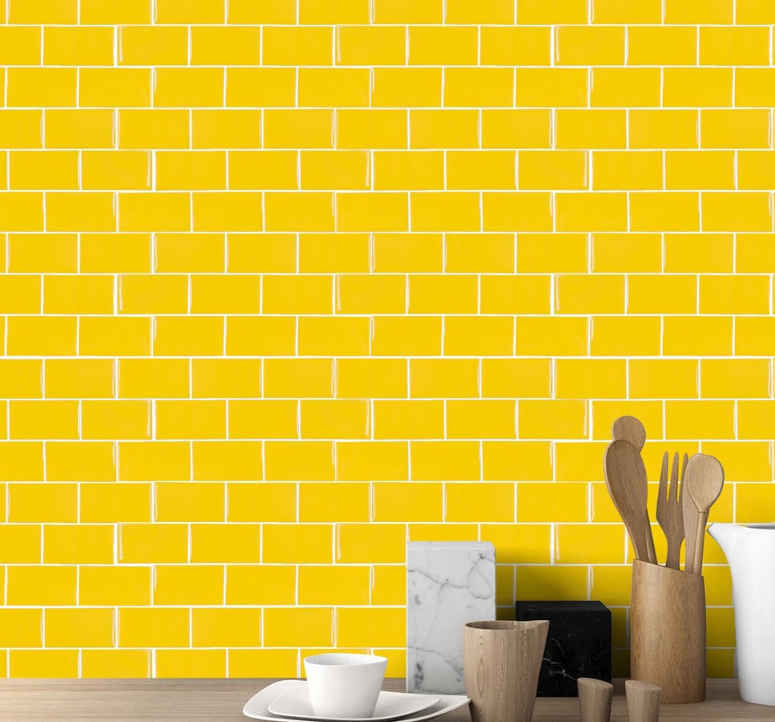 WALPLUS Pure Yellow Glossy Subway Peel & Stick Backsplash 3D Tile Stickers 20 pieces - 30.5 x 15.4 cm - Jaune