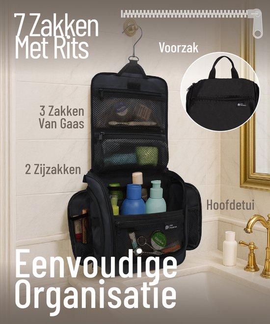 Trousse de toilette D&D Wanderlust avec crochet - Organiseur de voyage de luxe à suspendre avec 10 compartiments - Noir - Unisexe (femmes et hommes) - Capacité de 6 litres - Grande trousse de toilette de voyage à suspendre - Trousse à maquillage