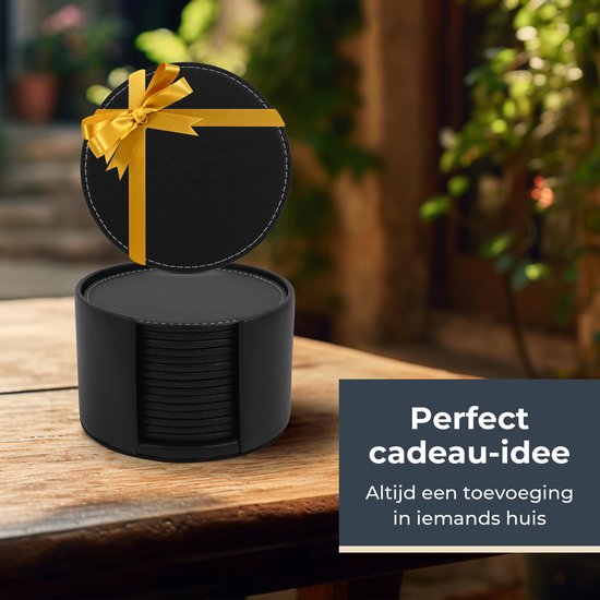 Castagnola Sous-verres en simili-cuir - Sous-verres pour verres - Sous-verres design avec support - Sous-verres en cuir - Cuir - Lot de 16 - Noir avec surpiqûres