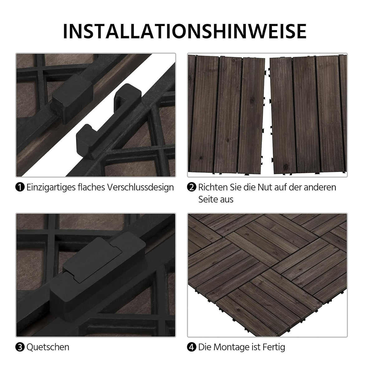 Dalles de terrasse en bois Yaheetech 30 x 30 cm - 27 pièces - 2,6 m² - Noir