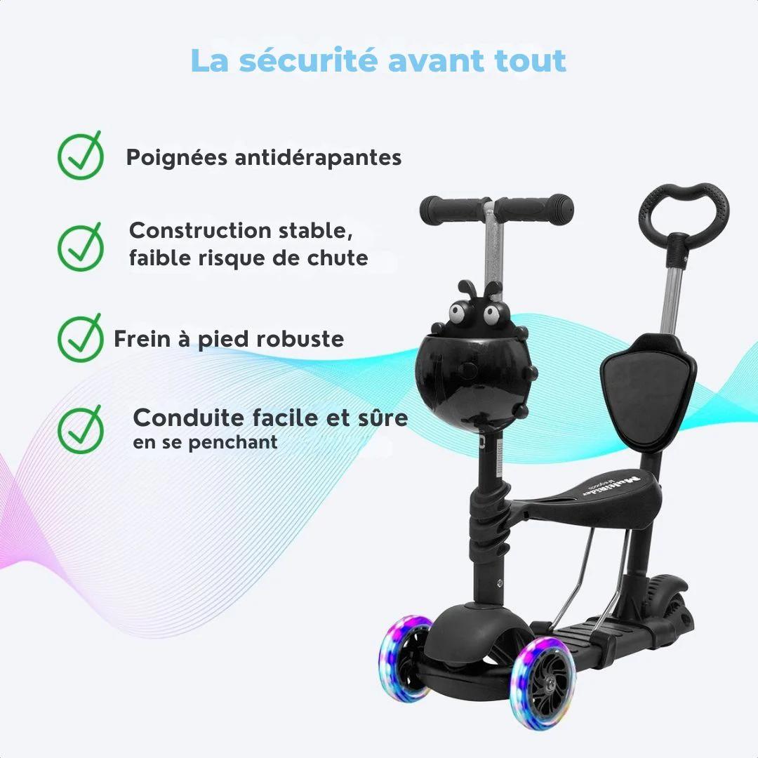Scooter pour enfants avec barre de poussée - LifeGoods MultiRider - 3 -8 ans - Garçons/Filles - 3 roues lumineuses - Noir