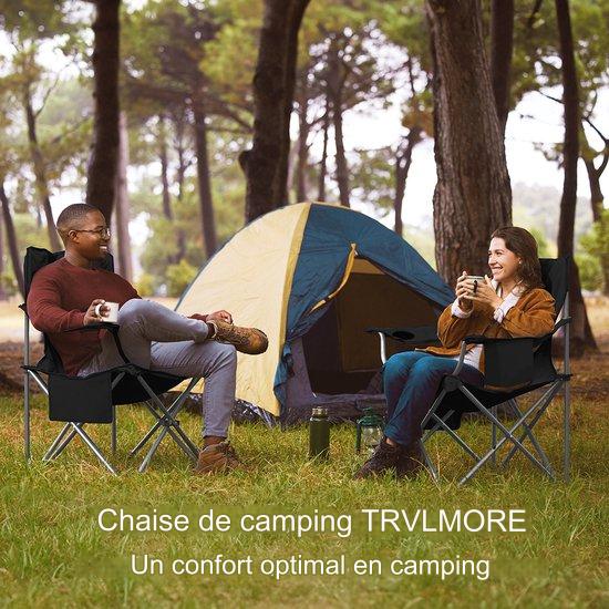TRVLMORE Chaise de camping - Pliable - Chaise pliante confortable - Capacité de charge de 150 kg - Porte-boisson - Compartiment pour glacière - Poche latérale - Noir