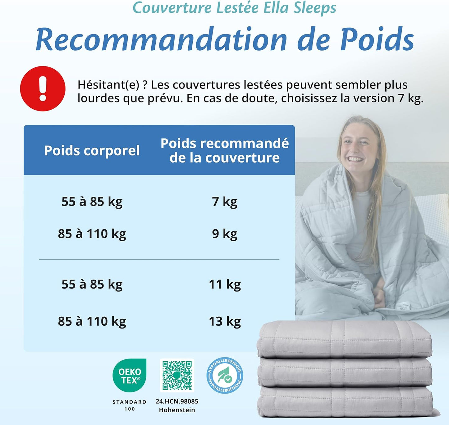 Couverture d'alourdissement Ella - 13kg - 200 x 200cm - Coton OEKO-TEX - Gris clair