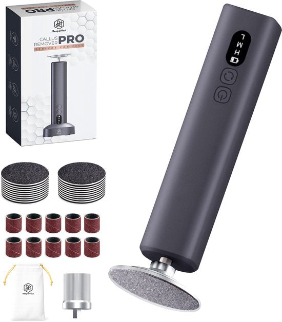 Beeperfect® Appareil électrique anti-callosités Pro - Lime pour les pieds - Lime anti-callosités - Sans fil - Rechargeable - Avec station de recharge - 60 feuilles abrasives - Noir