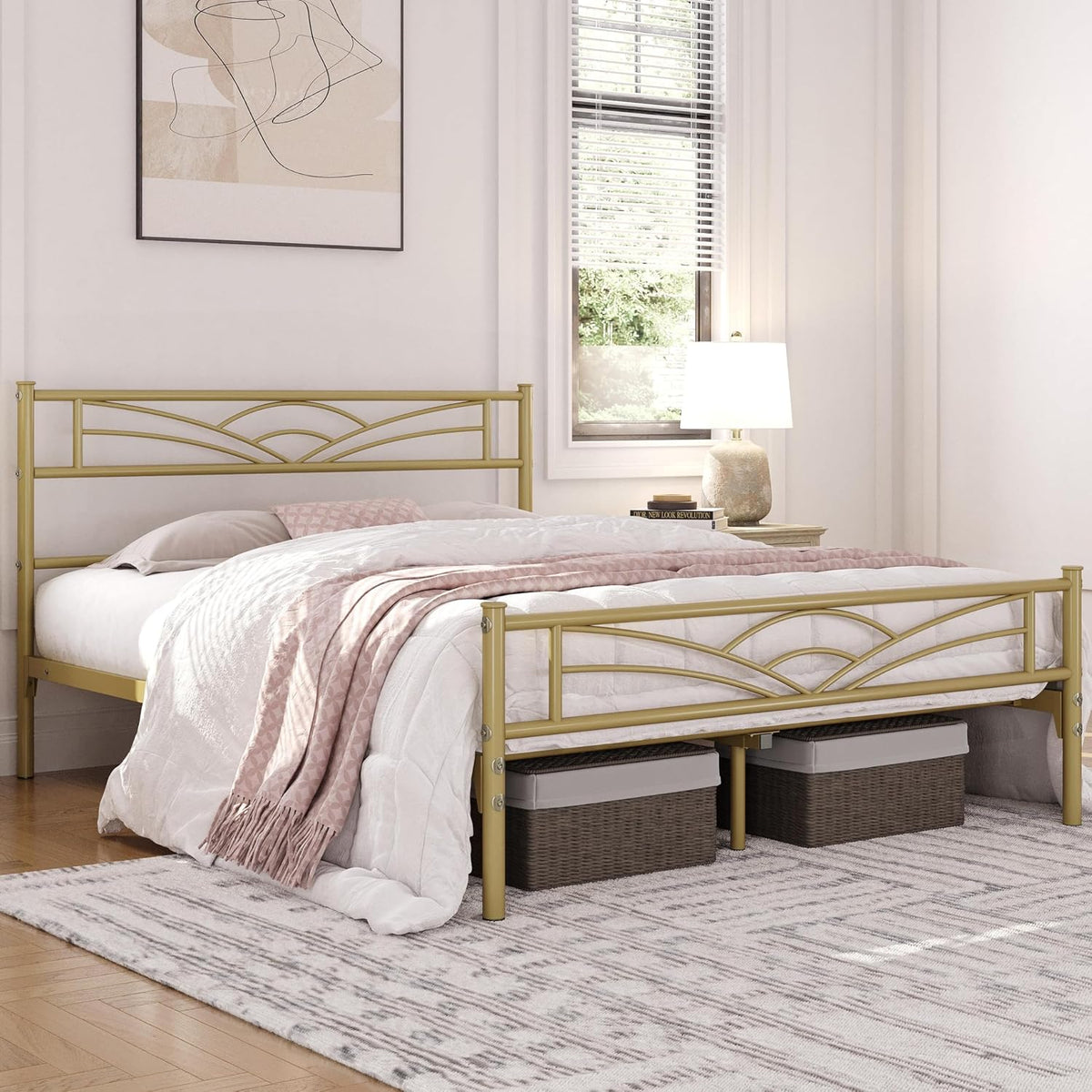 Yaheetech : cadre de lit en métal 140 x 200 cm – Or antique – Lit moderne pour enfant avec sommier à lattes et grand espace de rangement
