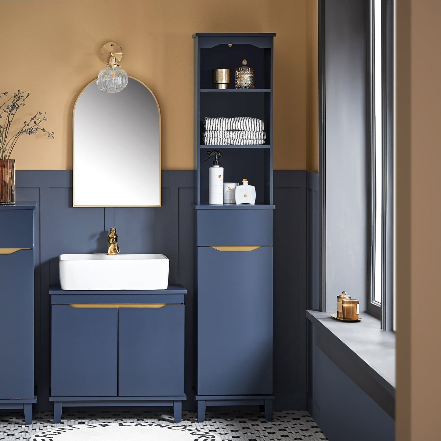 SoBuy Meuble colonne de salle de bain - Meuble haut - 3 étagères - 1 porte - 35 x 30 x 170 cm - Bleu