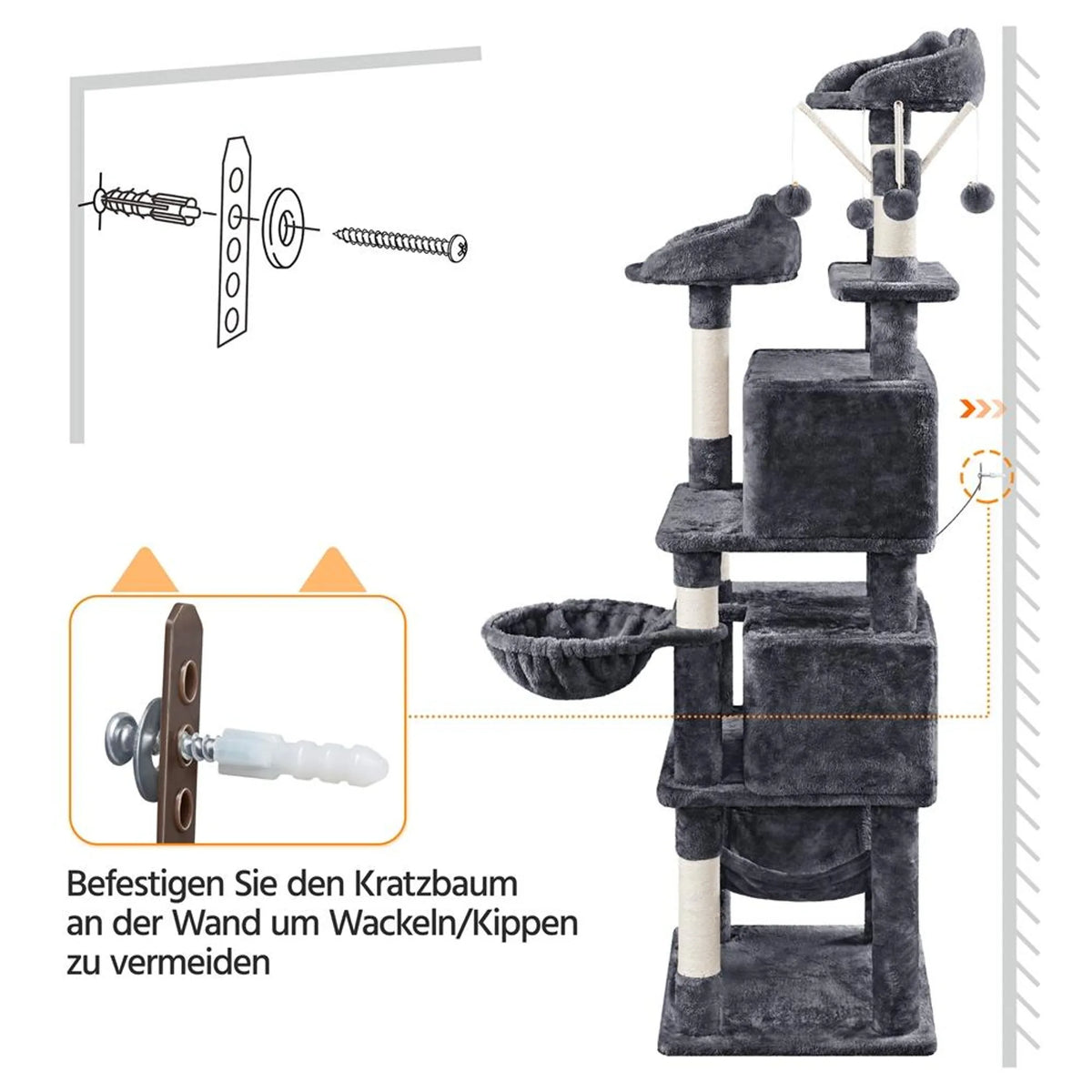 Yaheetech Cat Post XXL avec 2 plateformes d'observation - équipé de 2 trous pour chats, d'un hamac et de 7 poteaux en sisal - pour les foyers avec plusieurs chats - peluche et sisal gris foncé - 55,5 x 45,5 x 170 cm