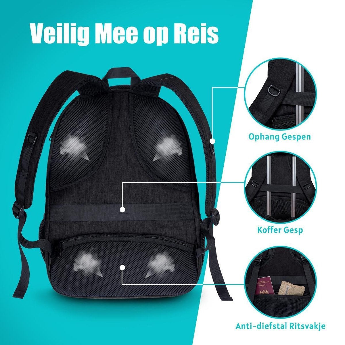 TRVLMORE Sac à dos - 36L - 17.3 inch - Sac à dos pour ordinateur portable - Sac d'école - Unisex - Splashproof Black