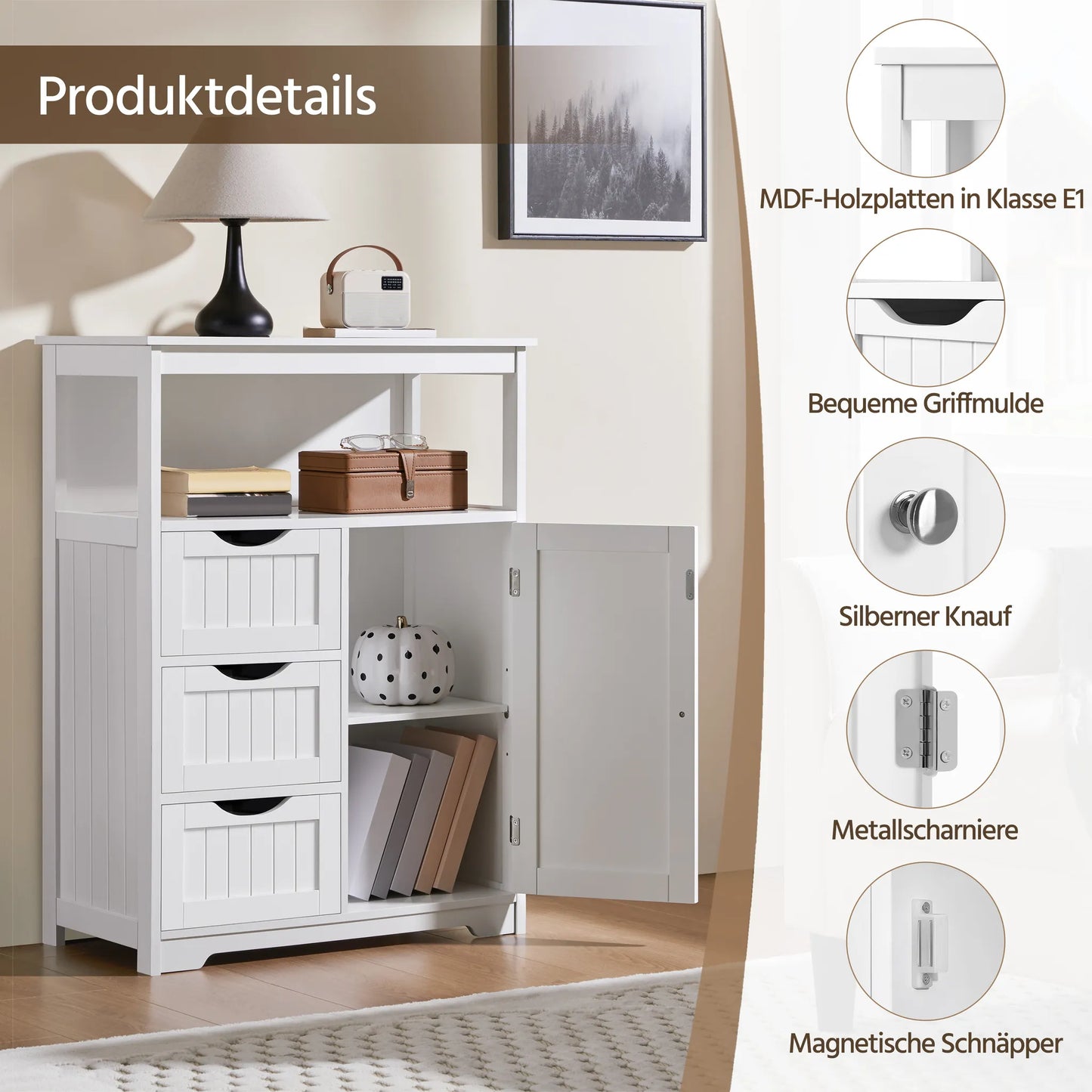 Yaheetech Armoire de salle de bain avec 3 tiroirs - Comprend une étagère réglable et un rangement ouvert ainsi que des accessoires en métal - Pour la salle de bain, le salon et la chambre - Mdf blanc et métal - 66 x 35 x 90 cm