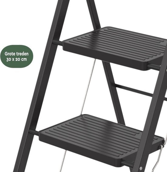 BRASQ Échelle ménagère 3 marches noire - Échelle de cuisine en métal pliable pour usage privé et professionnel - Échelle - Antidérapante