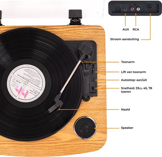 Denver Record Player Dual Bluetooth - Haut-parleurs intégrés - USB - Rétro - Bois - VPL230LW