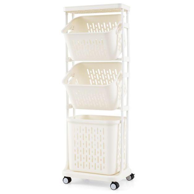 Coast Panier à linge avec 3 paniers - blanc - PP + Métal - Max.35 kg - 40x30x112 cm