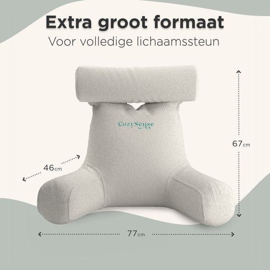 CozySense® Coussin de lecture pour le lit - Coussin de siège ergonomique - Coussin pour livres - Grand coussin de relaxation - Rembourrage réglable - Housse amovible - CertiPUR® - Beige