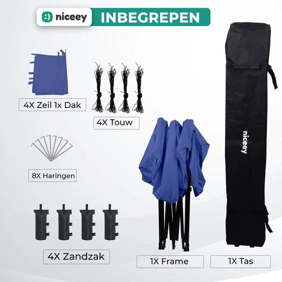 Niceey Party Tent - 3x3m - Pavillon - pliable et imperméable - Tente de réception avec parois latérales - Tente de jardin - Montage facile - Sac de transport à roulettes - Bleu foncé