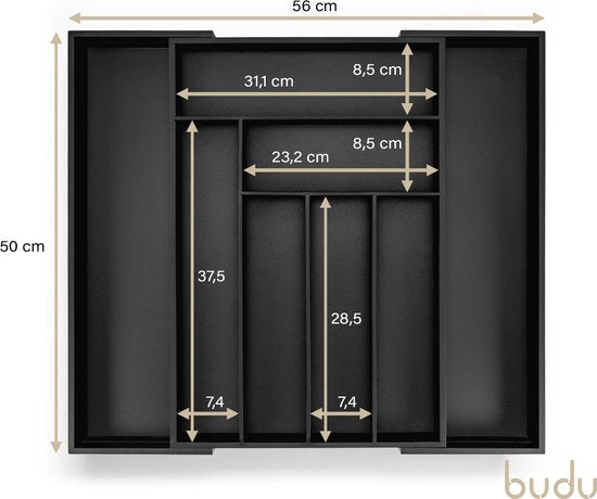 Budu Plateau à couverts extensible en bambou #50 (50 cm de profondeur) - Noir - Cassette à couverts en bois - Tiroir à couverts - 50 x 34.1 - 56 cm - 6/8 compartiments