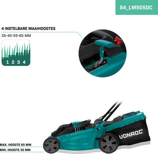 VONROC Tondeuse à batterie 40V - 38cm - Réglage central de la hauteur - Deux batteries 4.0Ah et double chargeur rapide inclus