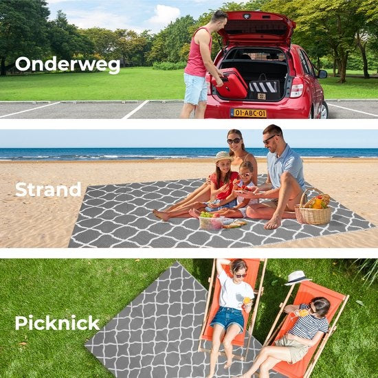 LifeGoods Tapis d'extérieur - 152x230CM - Tapis de jardin - Tapis d'extérieur - Réversible - Sac de transport inclus - Avec motif - Gris/Blanc