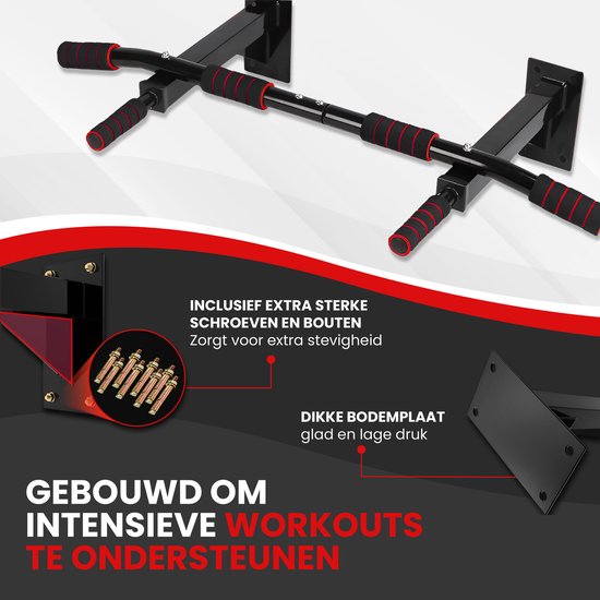 TTD® Premium Pull Up Bar - Pull Up Station - Wall Mount Pull Up Bar - Dip Station - Dip Bars - Home Sports - Home Fitness - Premium materials - Extra sturdy mounting parts - Home workout - Black/Red
