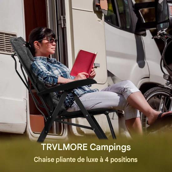 TRVLMORE Chaise de camping - Sac de transport inclus - Duo Pack - Capacité de charge de 150 kg - Chaise de camping - Compartiment de rangement - Chaise pliante - Noir
