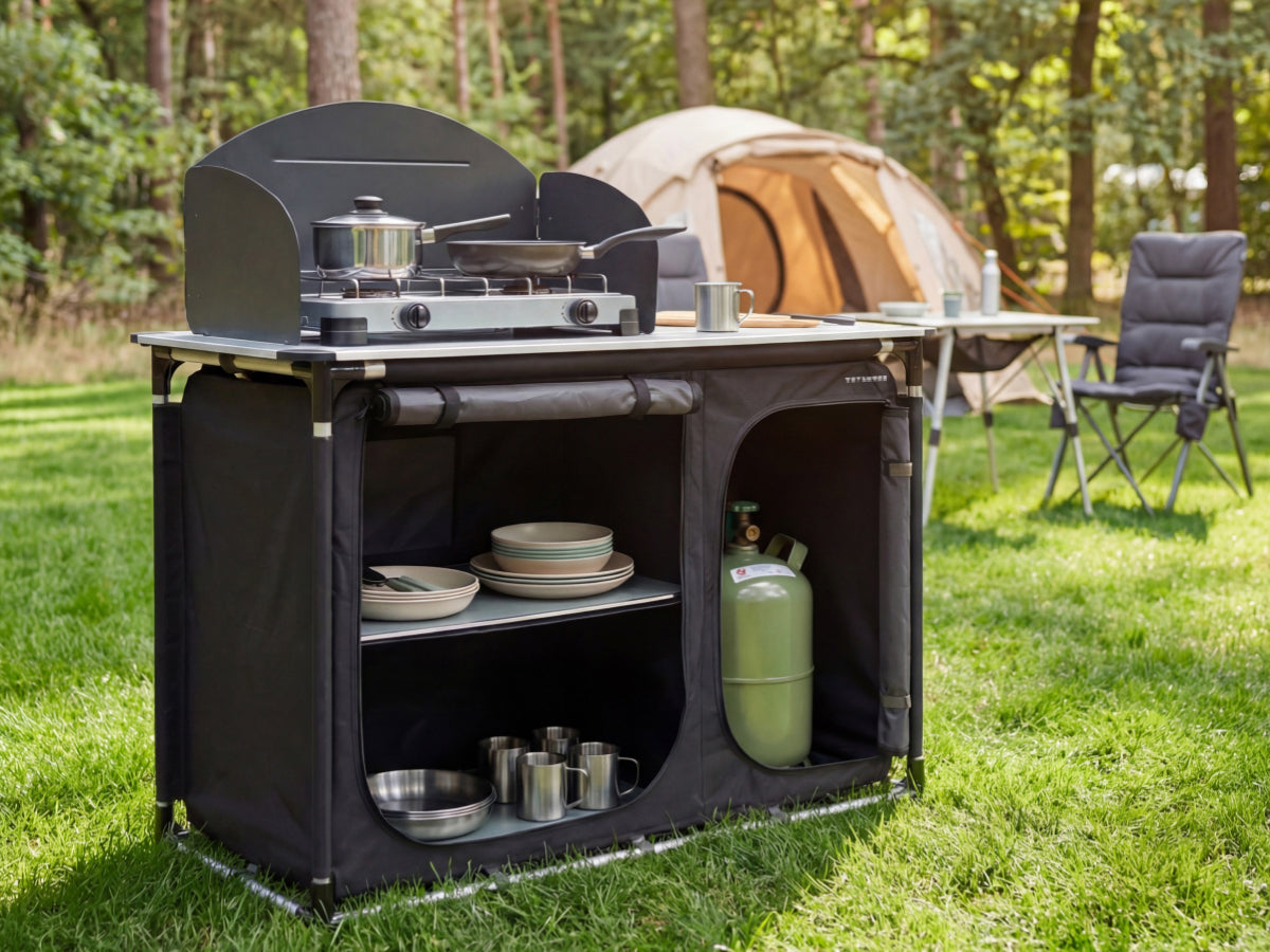 Cuisine de camping Trvlmore avec pare-vent et évier - 120 x 120 x 83 cm