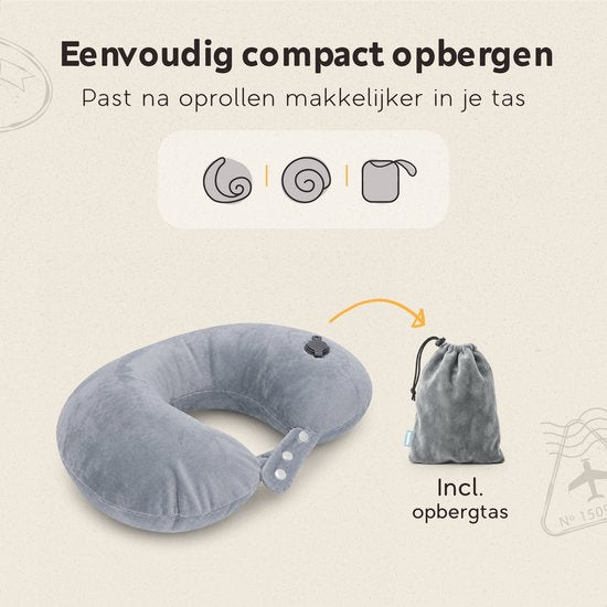 TRAVARA Oreiller cervical « The Puffer » - Oreiller de voyage gonflable - Pour l'avion - Oreiller de voiture - Travel Pillow - Gris