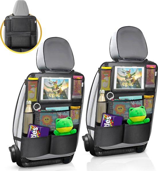 Toivo Set of 2 Luxury Car Seat Organiser - Water-repellent Oxford Material - Black - Tablet Holder - Car Organizer