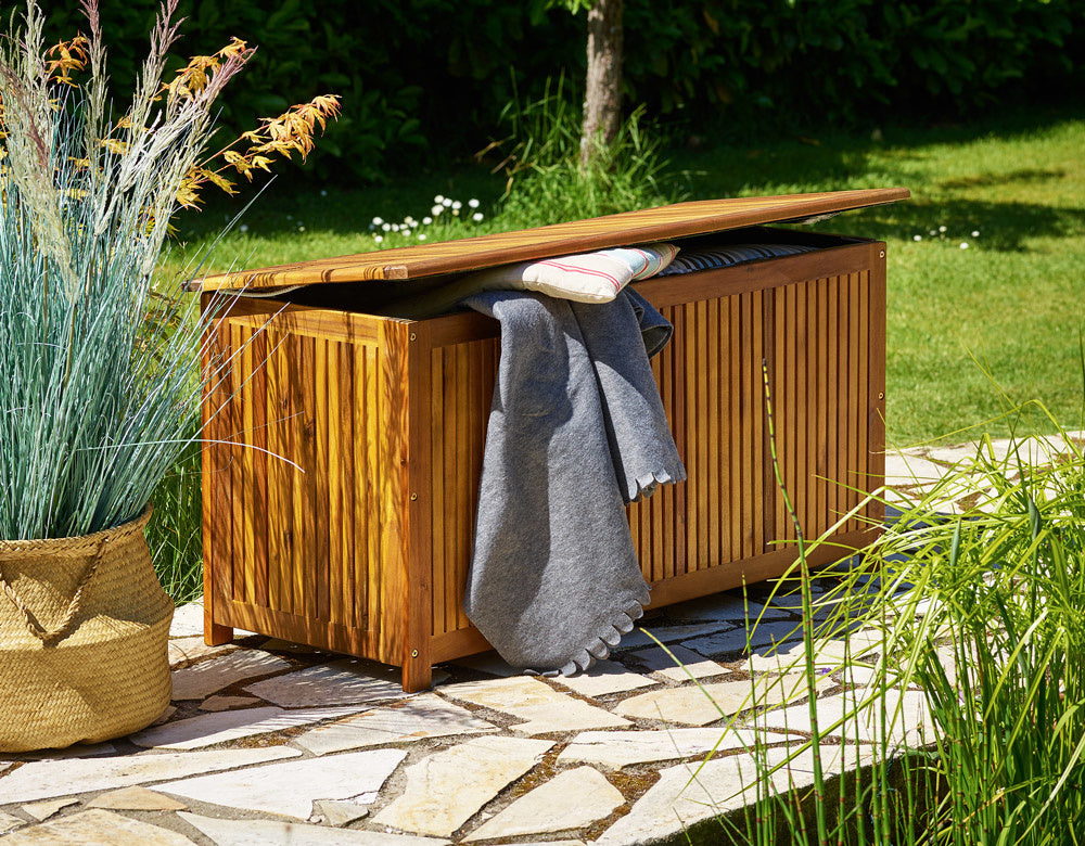 Boîte de rangement de jardin - Casaria - Bois d’acacia avec revêtement intérieur - 117 x 50 x 59 cm - Marron