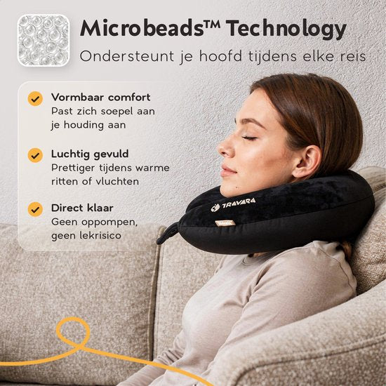 TRAVARA Oreiller cervical The Snuggo - Oreiller de voyage à microbilles pour l'avion - Oreiller de voiture - Travel Pillow - Noir