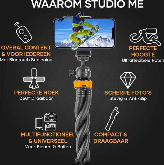 Studio ME Phone Tripod - 25 cm - Tripod Smartphone - Flexible - Camera Tripod - Black - Gorillapod - Phone Holder - Incl. Bluetooth Remote Control - Tripod Iphone - Tripod Phone