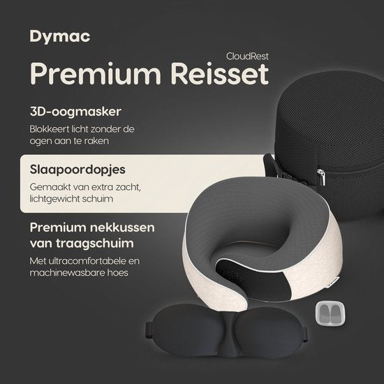 Dymac CloudRest Travel Pillow - Oreiller de cou - Soutien de la nuque - Oreiller de voyage en mousse à mémoire de forme - Comprend un masque pour les yeux et des bouchons d'oreille - Avec pochette de voyage - Beige