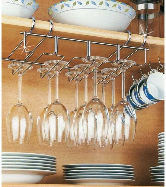 Support à vin pour 12 verres - 34x25x9cm - Métal argenté - 12 verres à vin