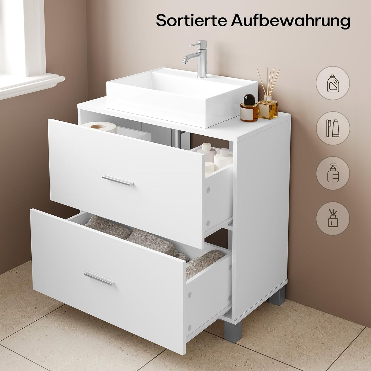 Meuble sous-lavabo eSituro à 2 tiroirs - Meuble de salle de bains avec emplacement pour siphon - Blanc - 60 x 30 x 60 cm