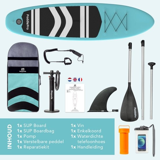 LifeGoods SUP Board - Inflatable Paddle Board - Set complet - Max. 135KG - 320x81cm - Vert menthe/Noir