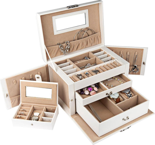 Boîte à bijoux XL LifeGoods - 20 compartiments - Blanc/Beige