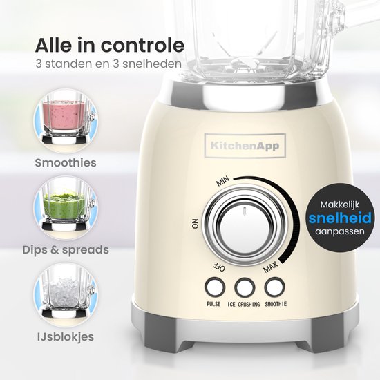 KitchenApp Retro Blender 1.5L - Cruche en verre - 800W - Glace pilée, Smoothie & Pulse - Beige