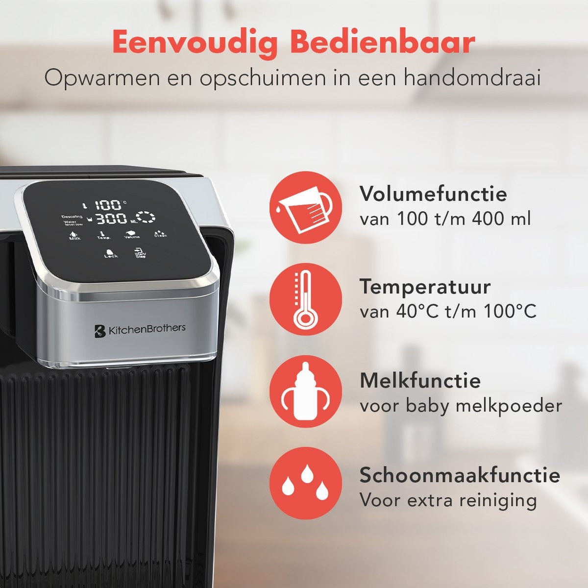 Distributeur d’eau chaude instantanée - KitchenBrothers - 2,7 L - Écran tactile LED - Température réglable 40 à 100°C - Acier inoxydable/Noir