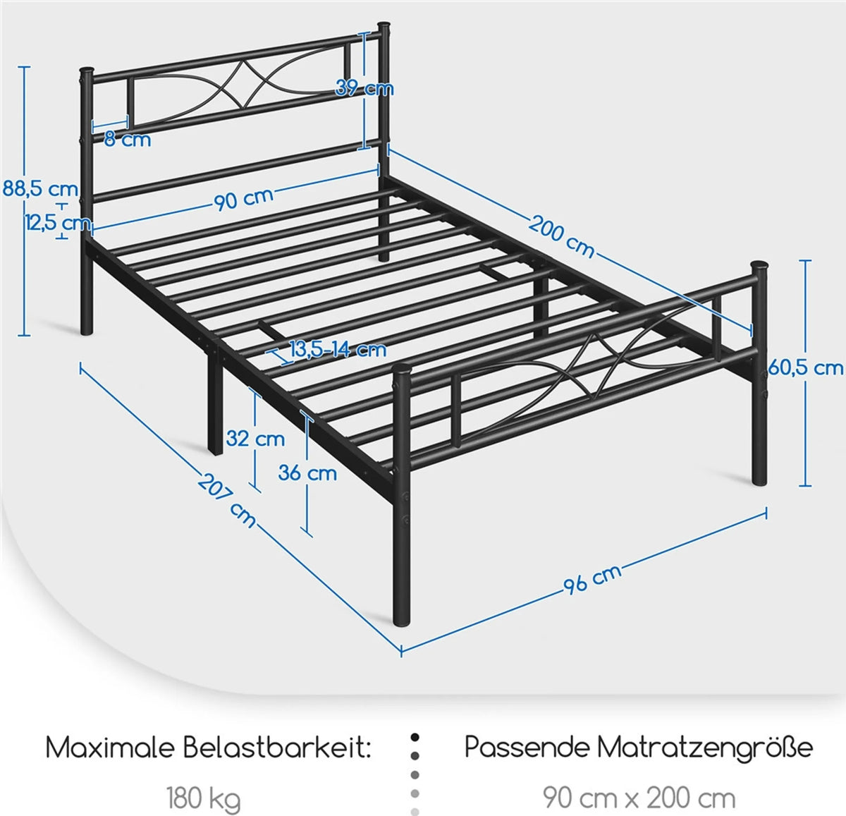 Cadre de lit en métal Yaheetech 90 x 200 cm - Noir - 204 kg - Avec tête et pied de lit - Espace de rangement sous le lit de 32 cm