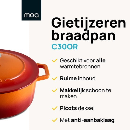 MOA Casserole en fonte - Capacité 7,2 litres - 30CM - Ronde - Toutes sources de chaleur - Egalement pour induction - Poids 7,3 kg - Orange Rouge - C30OR