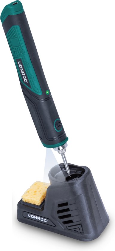 Fer à souder VONROC 4V – Max. 450°C – Incl. support de fer à souder avec éponge, étain à souder et pointes