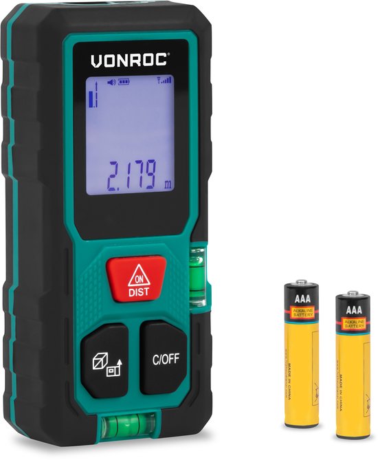 Télémètre laser VONROC – Portée de 50 mètres – Format très compact – Mesure la distance, la surface, le volume, calcul pythagoricien – Comprend des fonctions de calcul pratiques – Piles incluses