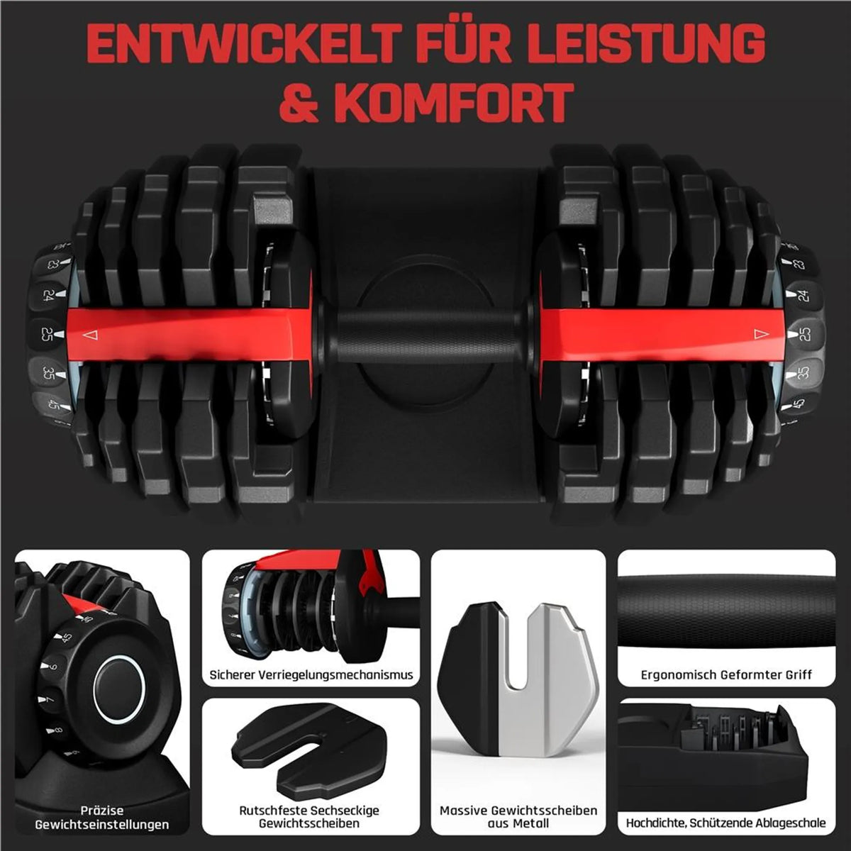 Ensemble d'haltères réglables Yaheetech 2,5-24 kg - Réglage rapide 15 en 1 - Noir/Rouge - 42 x 21,5 x 22 cm