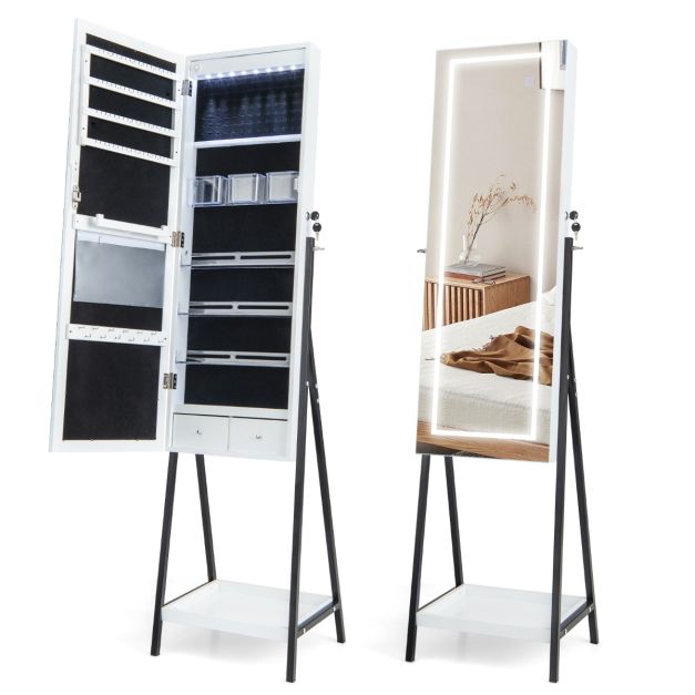 Armoire à bijoux avec miroir - Coast - LED - Blanc/Noir - 3 piles AA - 41x35x160 cm