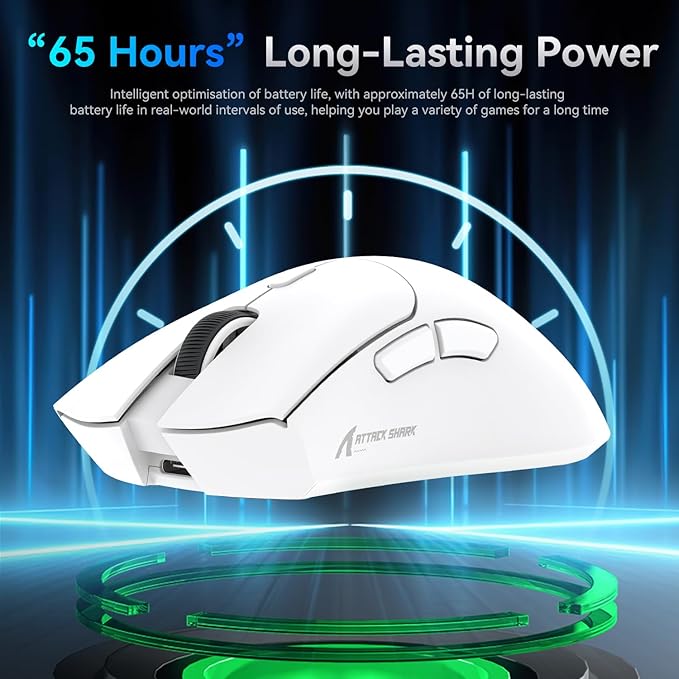 ATTACK SHARK R1 Superlight Gaming Mouse 59g - Blanc - 12.2 × 6.4 × 3.8 cm - Sans fil et filaire - Jusqu'à 18 000 DPI - 65 heures d'autonomie de la batterie