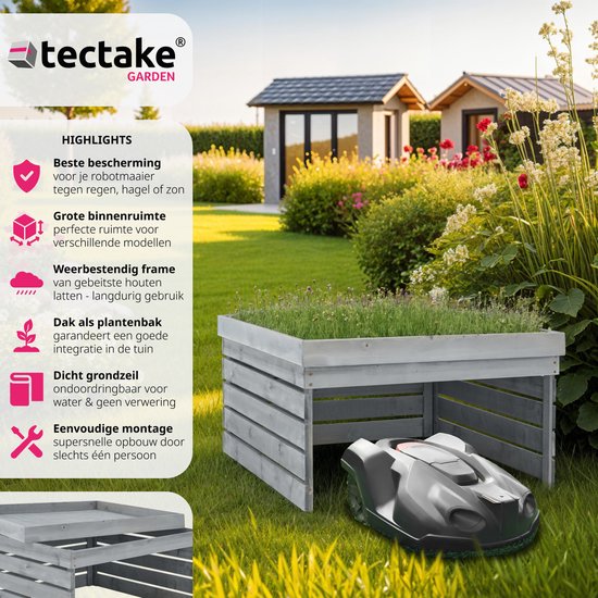tectake® Garage pour tondeuse robotisée - Boîtier en bois avec toit vert, jardinière, bac à fleurs - Rangement de jardin pour tondeuse - Résistant aux intempéries et aux UV - 84 x 78 x 46 cm