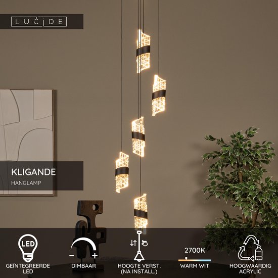 Lucide KLIGANDE - Suspension - Ø 30 cm - LED à intensité variable - 5x8 W 2700 K - Noir