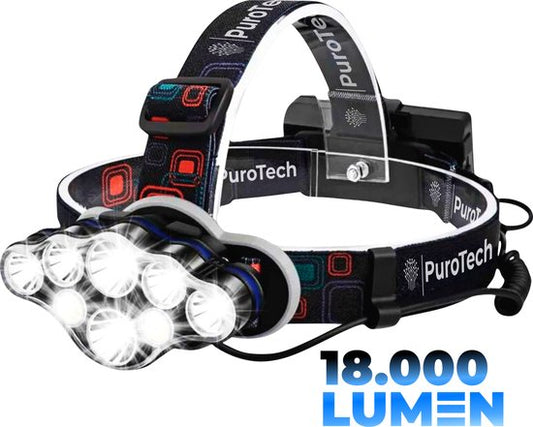 PuroTech Military Headlamp - Lampe frontale LED rechargeable - Extra puissante - Lampe frontale - Lampe frontale 8 LED - 18000 lumens - Portée 600 mètres - Réglable - Torche militaire