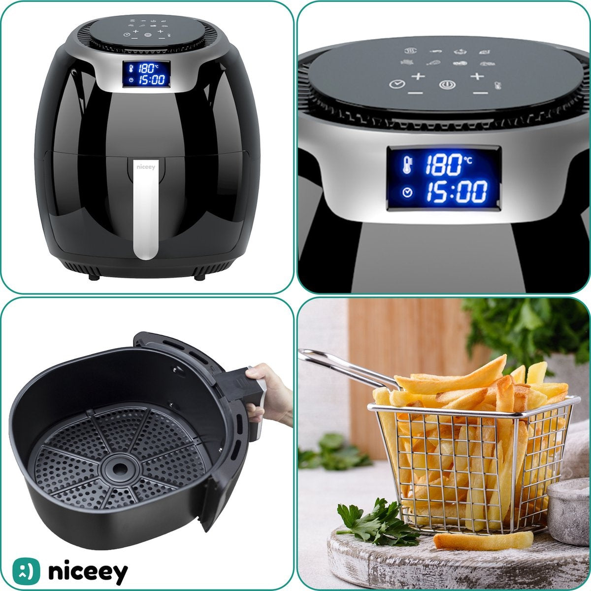 Niceey Airfryer XXL - Friteuse à air chaud - 8L - 1800W - Noir